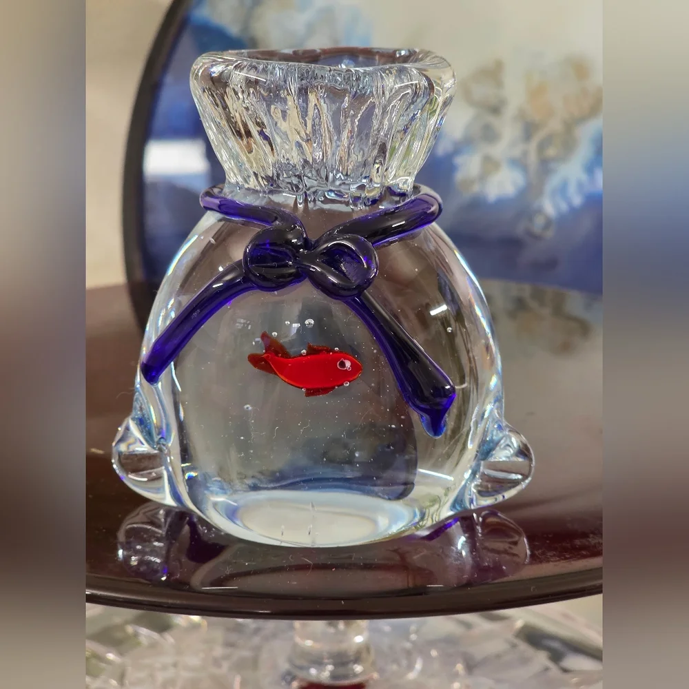 Bella Casa By GANZ Art Glass Paperweight Gold Fish In A Bag Blue Orange